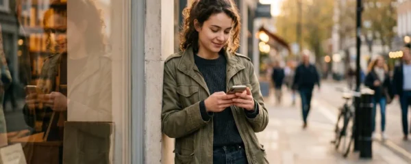 Une personne en milieu urbain consulte son application bancaire sur smartphone, éclairée par la lumière naturelle d'une vitrine