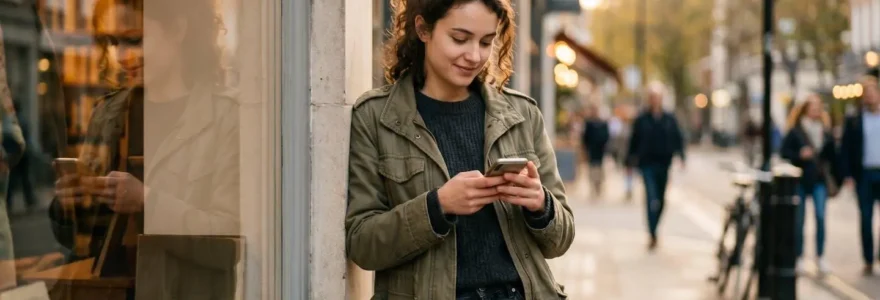 Une personne en milieu urbain consulte son application bancaire sur smartphone, éclairée par la lumière naturelle d'une vitrine