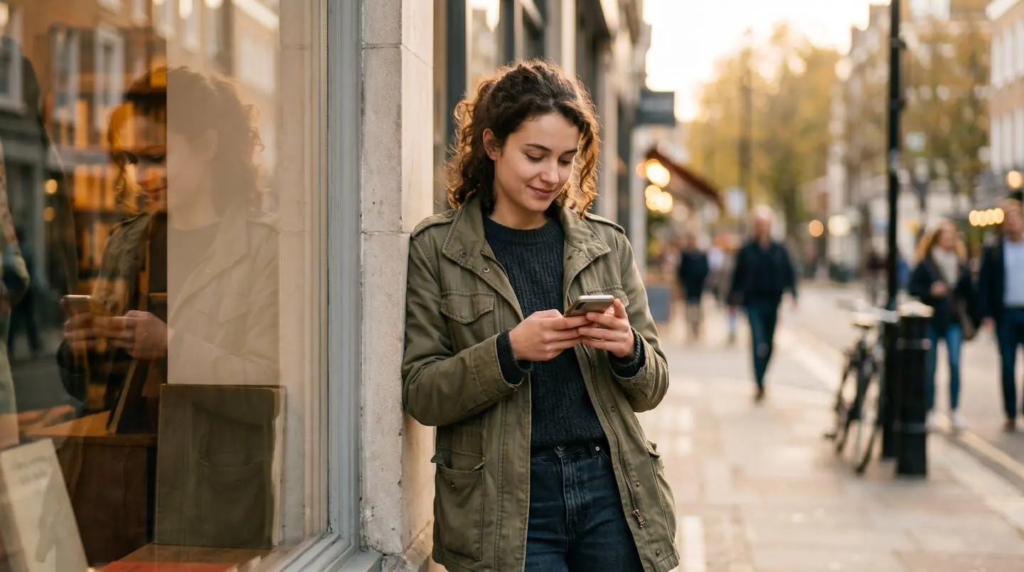 Une personne en milieu urbain consulte son application bancaire sur smartphone, éclairée par la lumière naturelle d'une vitrine