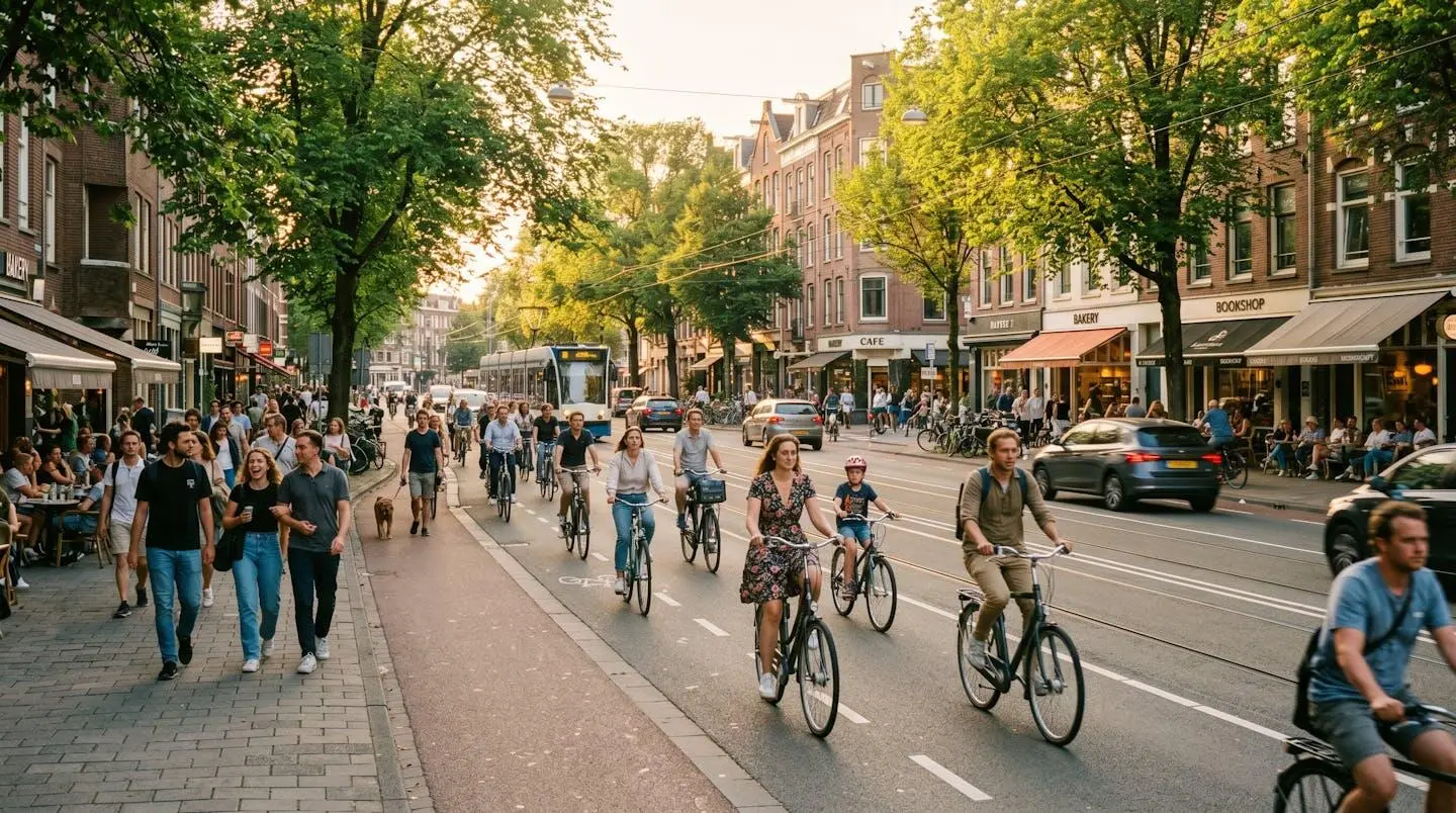 Vue d'un quartier urbain dynamique avec des personnes circulant à vélo sous un soleil doux, symbole de mobilité durable