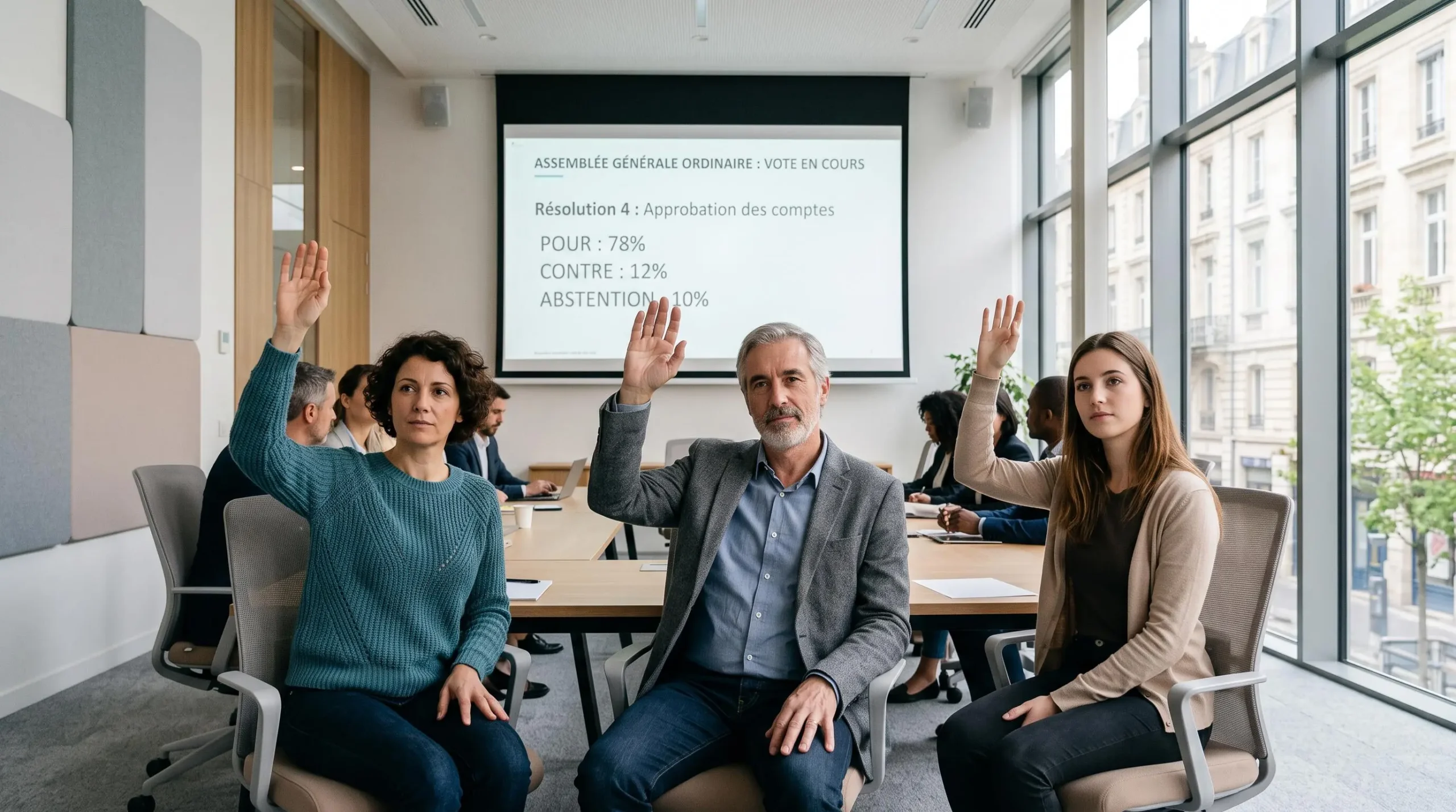 Assemblée générale de sociétaires d'une banque coopérative votant à main levée dans une salle de conférence moderne, avec écran affichant les résultats en temps réel