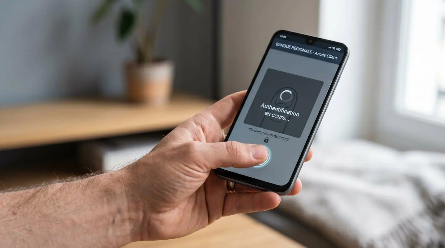 Main masculine utilisant l'authentification par empreinte digitale sur un smartphone pour accéder à une application bancaire, avec interface de validation visible