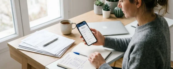 Bureau moderne avec smartphone affichant une interface d'application bancaire française, documents financiers organisés et carnet de notes pour la gestion budgétaire