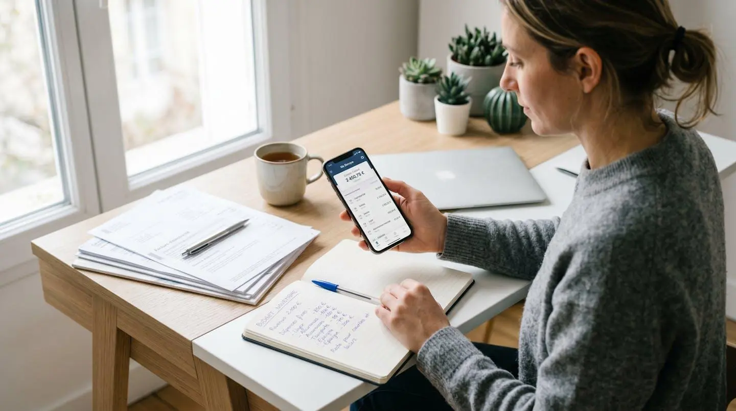 Bureau moderne avec smartphone affichant une interface d'application bancaire française, documents financiers organisés et carnet de notes pour la gestion budgétaire