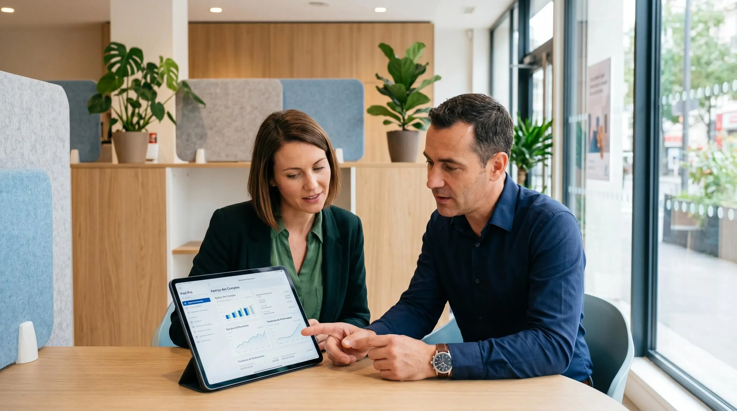Conseiller bancaire et cliente consultant ensemble des données financières et graphiques sur une tablette dans une agence bancaire moderne française