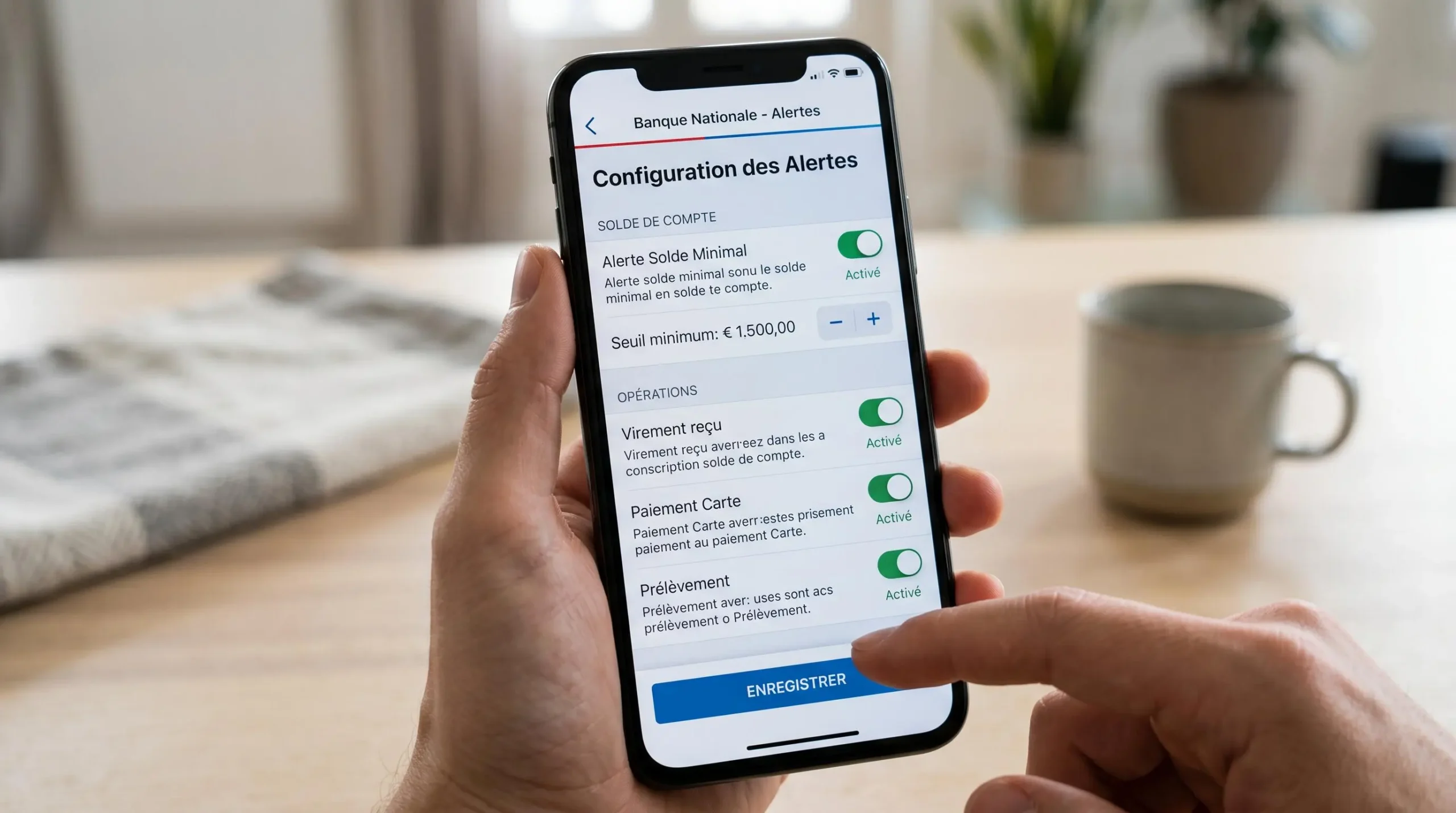 Écran de smartphone affichant les paramètres d'alertes d'une application bancaire française avec les notifications activées