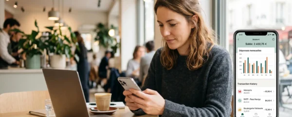 Femme consultant une application bancaire mobile moderne sur smartphone dans un café, avec graphiques de dépenses et liste de transactions visibles à l'écran