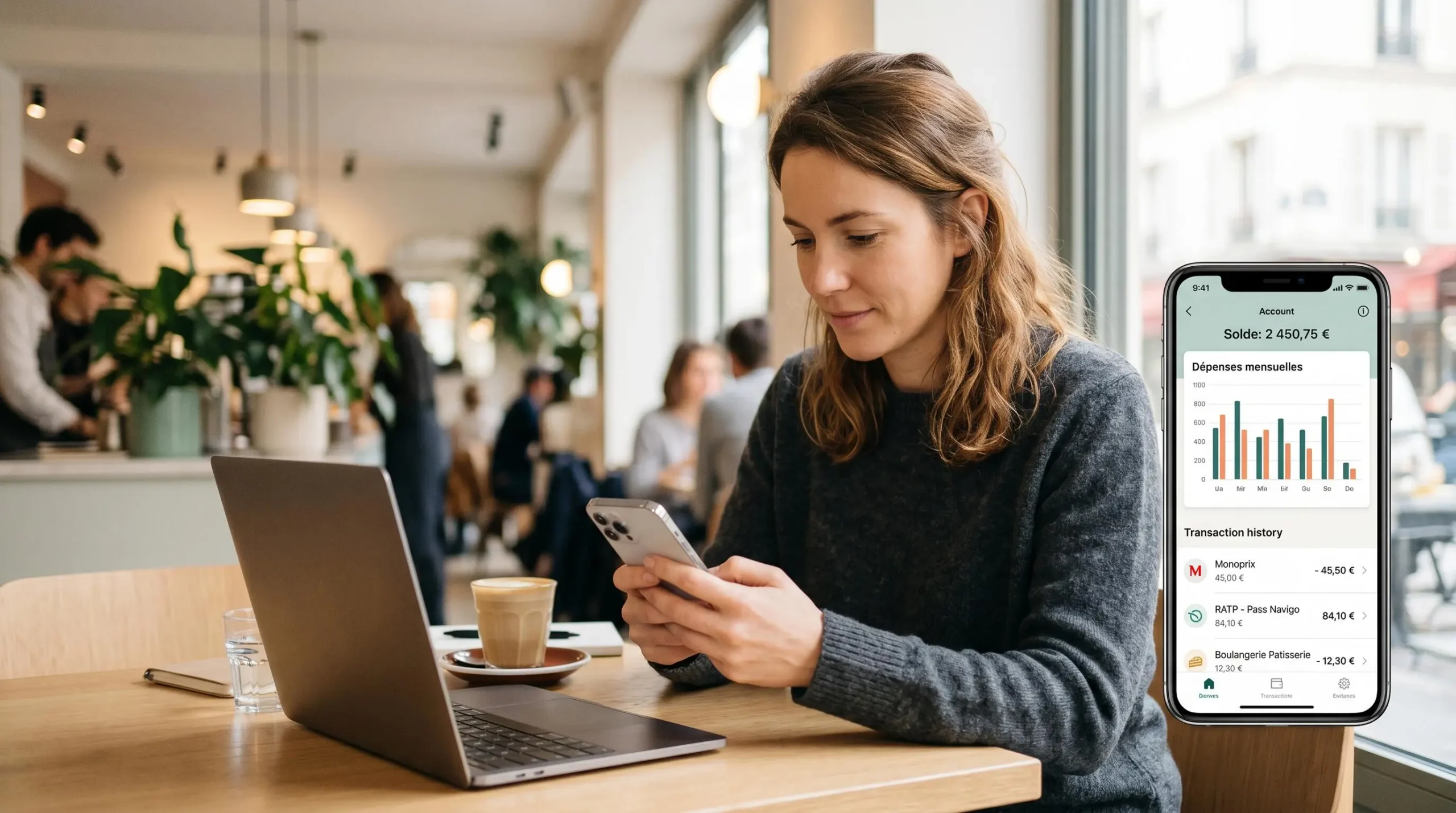 Femme consultant une application bancaire mobile moderne sur smartphone dans un café, avec graphiques de dépenses et liste de transactions visibles à l'écran