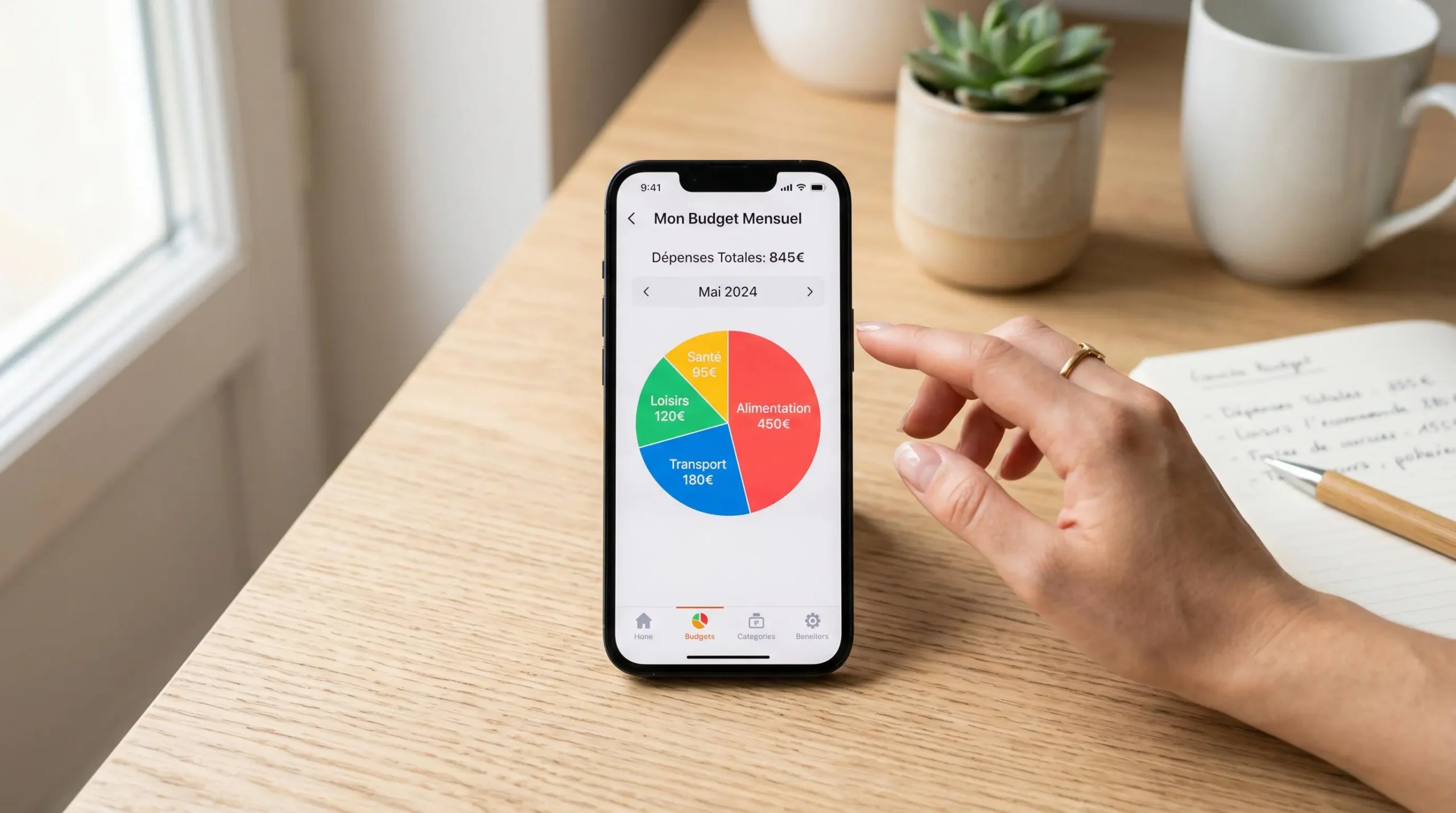 Interface d'application bancaire mobile affichant la catégorisation automatique des dépenses avec graphiques circulaires et montants en euros pour différentes catégories budgétaires