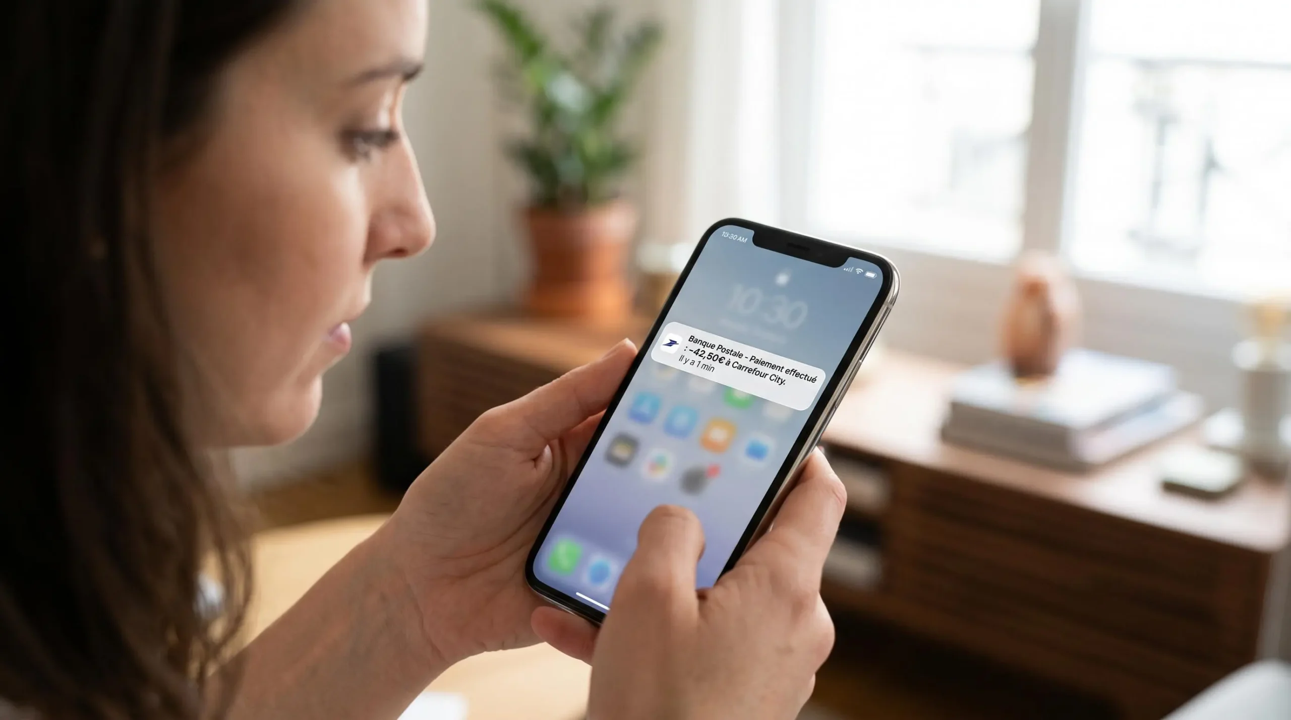 Écran de smartphone affichant une notification push de transaction bancaire en temps réel avec montant et commerçant visibles