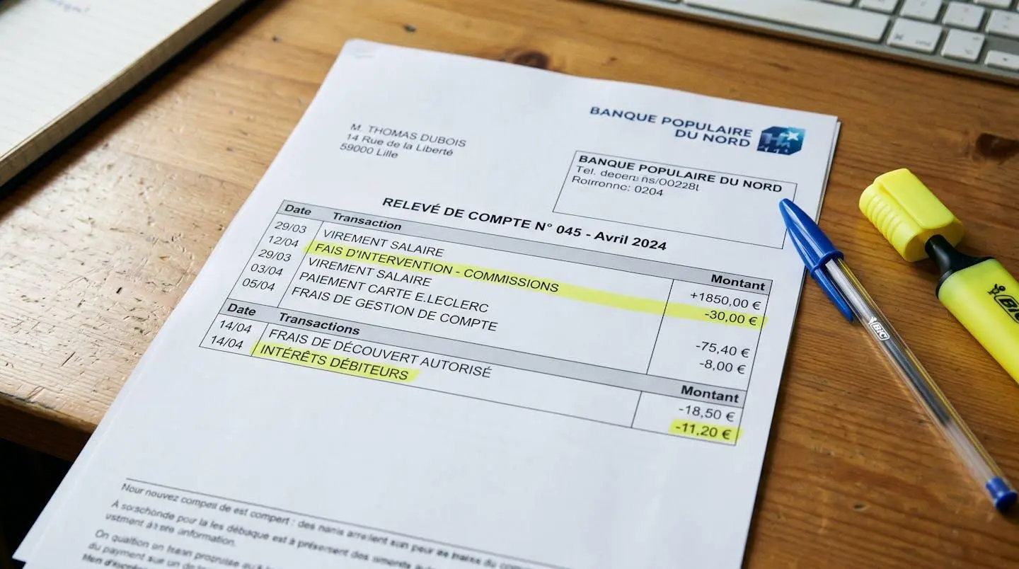 Relevé de compte bancaire français avec frais de découvert et commissions d'intervention surlignés en jaune