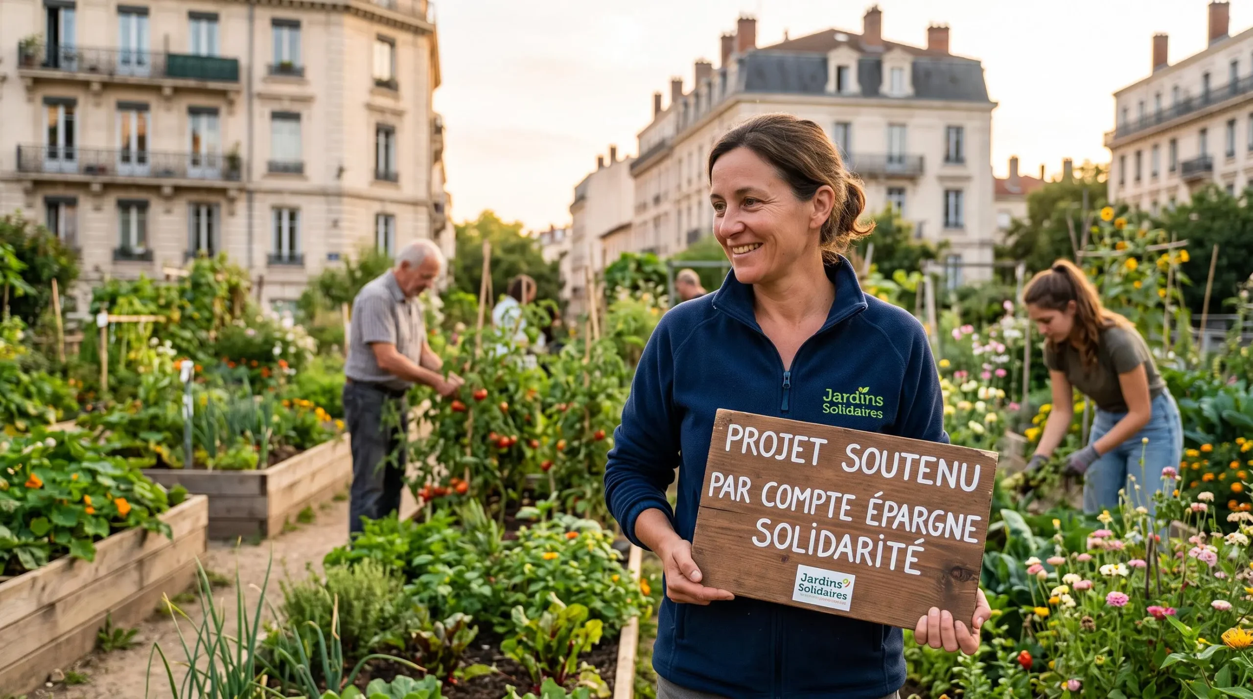 Responsable d'association dans un jardin partagé urbain financé par un produit d'épargne solidaire, avec bénévoles cultivant des parcelles en arrière-plan
