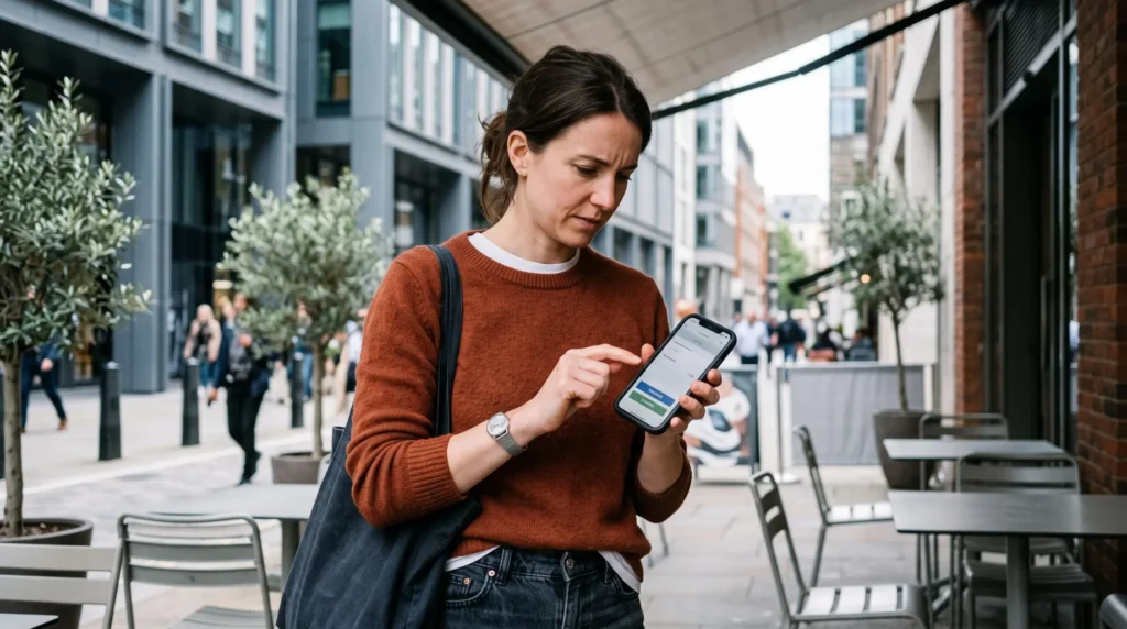 Personne effectuant un paiement mobile via application bancaire sur smartphone en environnement urbain Personne effectuant un paiement mobile via application bancaire sur smartphone en environnement urbain